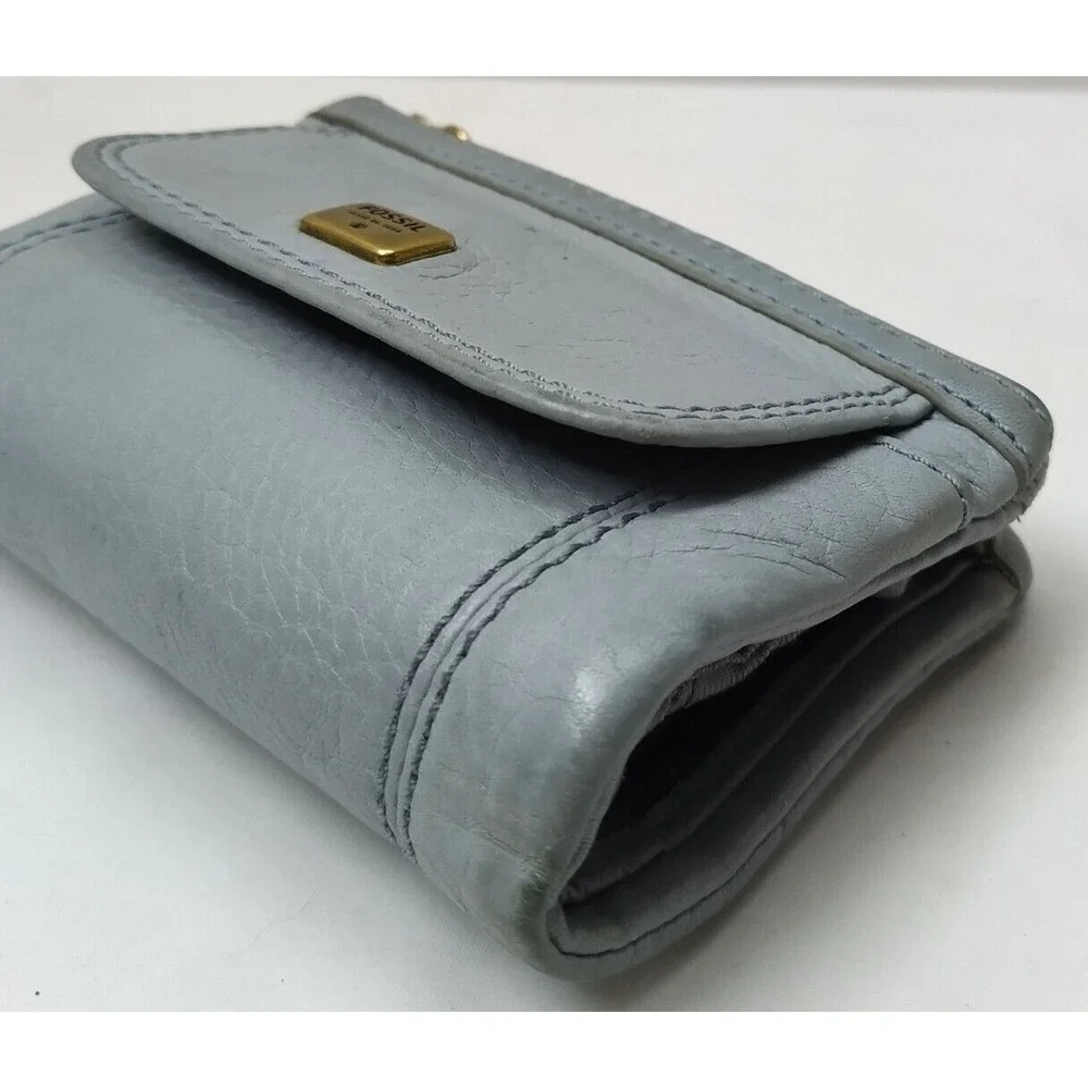 Fossil Blue Leather Zipper Pocket Credit Card Bifold Wallet